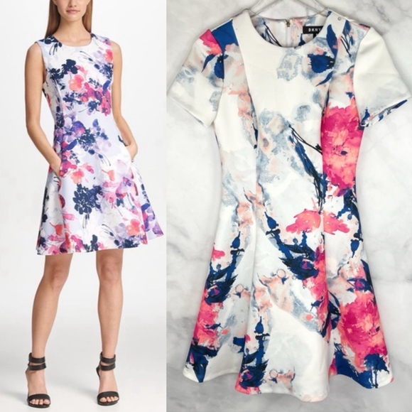 Dkny Dresses & Skirts - DKNY Floral High Neck Scuba Fit & Flare Short Sleeved Knee Length Midi Dress 2